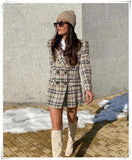 Amfeov British Style Women Plaid Tweed Jacket Coat With Pockets Fashion Office Ladies Double Breasted Tops Casual Outwear