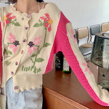 Christmas Gift Autumn Winter Cardigan Women'S Sweater Lazy Heavy Industry Stitching Retro Embroidery Flowers Knitted V-Neck Cardigan Jacket