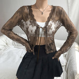 Amfeov 2000S Kawaii New Lace Cardigan Tops Women See Through Sexy Mesh T-Shirt Tie V Neck Long Sleeve Cute Aesthetic Tee White