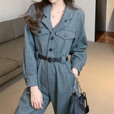 Women's Fashion Streetwear Jumpsuit Autumn V-Neck Pockets Ankle-Length Straight Cargo Pants High Street Wear Sashes Za Overalls