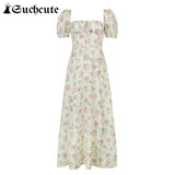 Amfeov Vintage Flower Print Aesthetic Long Dresses For Women 2024 Summer Beachwear Puff Sleeve Pink Casual Holiday Dress