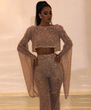 Amfeov Fashion Sexy Clock Sleeve Shirt High Waist Pants Sequins Two Sexy Long Sleeve Open-Back Jumpsuit Pants