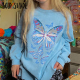 Amfeov Indie Aesthetic Butterfly Print Sweatshirt Y2K Oversized O-Neck Casual Fairycore Hoodies Long Sleeve Fall Tops Women