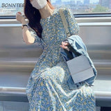 Amfeov Short Sleeve Dress Women Casual Flower O-Neck Lady Mid-Calf Elegant Popular Korean Style Girlish Sundress A-Line Summer Trendy