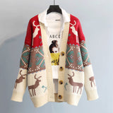 Amfeov Christmas Gift Women 'S Sweater 2024 Autumn Winter New Green Cardigan Coat Korean Style Loose Thick Red V-neck Deer Jacquard Knitted Top Women