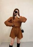 Amfeov Women Casual Playsuits Spring Autumn Waist Drawstring Knitted Jumpsuit Femme Fashion Korean Loose Rompers Long Sleeve Overalls