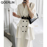 QOERLIN Tiered Ruffles White Dress Women Double-Breasted Button Office Ladies Elegance Short Sleeve Lapel Belted Vestidos Mujer