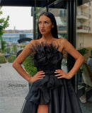 Back To School Amfeov Sevintage Black High Split Evening Dresses 2022 Strapless Feather Draped Satin Prom Dress Custom Made Formal Party Gowns