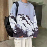 Autumn Winter Snow Mountain Letter print Knitted sweater men Long sleeve O neck blue black Pullover Oversized Male sweaters