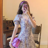 Amfeov BP Midi Dress Women Elegant A-Line Korean Vintage Purple Chiffon Summer Woman 2024 Dresses Party Square Collar Boho Vestidos