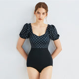 Amfeov 2022 Newest Women One Piece Swimming Suit Short Sleeves Vintage Monokini Padded Dot Swimwear Sexy Bathing Suit Beach Wear