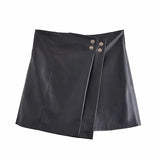 Black Pu Leather Shorts Skirts Za 2022 Women Buttons Asymmetrical Mini Sexy Faldas Mujer Office Ladies Bottom Pantalon Capris