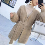 Christmas Gift Womens Solid Colour Cardigans Sweater Casual Mink Fur Knitting Jackets Loose Large Sizes Lace-up Outerwear Female