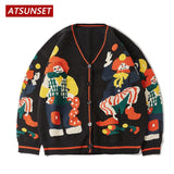 Cartoon Clown Magician Embroidery Sweater Harajuku Retro Style Knitted Sweater Autumn And Winter Cotton Button Cardigan