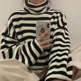 Women Stripes Sweater Harajuku Winter Vintage Women Thickening Loose Warm Turtleneck Sweater