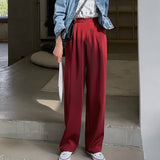 Amfeov Casual Pants Women Vintage Pure Burgundy Office Lady Long Trousers Summer Soft Elegant Pockets Minimalist Femme Chic Streetwear