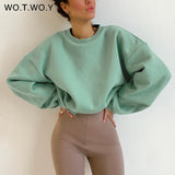 WOTWOY Autumn Winter Fur-Liner Oversized Sweatshirt Women Casual Thickening Fleece Pullovers Female Soft Warm Green Tops 2021