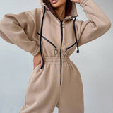 Amfeov Women Basic Hoodie Jumpsuit Zipper Drawstring Overall High Waist Elasticity Streetwear Tracksuit Rompers Casual One Piece Outfit