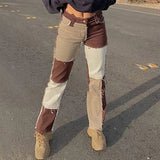 Autumn Brown Women Cowboy Striped Patchwork Jeans Street Casual Hip Hop High Waist Loose Straight Jeans Women's Fashion Pants