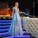 Blue Glitter Tulle Prom Dress Princess Sweetheart Straps Appliques Beading Party Evening Gowns Lace-Up Robes De Soirée