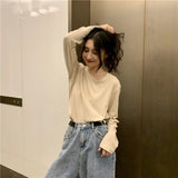 Amfeov Korean Style Solid Basic Tee Shirt Casual O-Neck Long Sleeve T-Shirt Autumn Women's Clothing Harajuku High Teen  Top