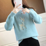 Amfeov Christmas Sweater Women Faux Mink Cashmere Half High Collar Pullover Fleece Winter Clothes Embroidery Deer Warm Jumper