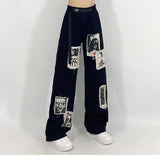 Christmas Gift HOUZHOU Grunge Punk Patchwork Black Jeans Women Hip Hop Streetwear Print Oversize Wide Leg Trousers 90s Vintage Fashion Pants