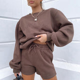 Letter Embroidery Women Loose Casual Sweatshirt Fleece Pullovers And Drawstring Shorts Two Pieces Set 2021 New Thick Tracksuit