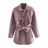 Women Chic Wool Coats With Belt 2021 Solid Long Sleeve Pockets Shirt Jackets Outerwear Turn Down Collar Elegant Coat