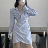 Thanksgiving Day Gifts Korean Style Long Sleeve Shirt Dress High Waist Slim Office Lady Bodycon Pleated Mini Dresses Elegant Casual Autumn Clothes