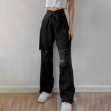 Amfeov High-Rise Women's Jeans Y2K High Street Distressed Denim Pants Ripped Straight Jeans Tassel Cargo Trousers Casual Loose Mom Jean