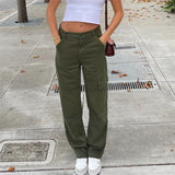 Amfeov Green Vintage Baggy Jeans Women's Pockets Wide Leg Cargo Pants Streetwear Casual Y2K Low Waist Denim Straight Trouser
