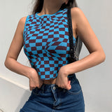 Amfeov Summer Knit Crop Top Women Sleeveless New Tank Top Basic T Shirts Casual Checker Plaid Vest Streetwear Tank Top Vintage