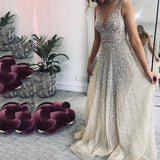 Amfeov Female New Fashion Pink A Line Sequins Floor-Length Formal Dresses Women Party Dress Silver Deep V Neck Sleevess Sexy Prom S-2XL