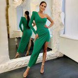 Amfeov 2022 New Green One Shoulder Long Sleeve Dress Women Maxi Dress Elegant High Split Design Bodycon Dress Club Party Dress Vestido