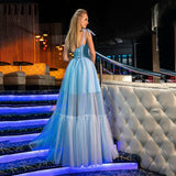 Blue Glitter Tulle Prom Dress Princess Sweetheart Straps Appliques Beading Party Evening Gowns Lace-Up Robes De Soirée