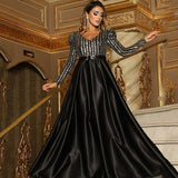 Amfeov 2024 New Fashion Women Lady Sexy Deep V-Neck Sequin Long Sleevefloor Length Bling Big Hem Party Wedding Evening Maxi Dress