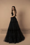 Back To School Amfeov Black Tiered Skirt Long Prom Dresses Dotted Tulle Simple Wedding Party Gowns Floor Length Women Formal Evening Dress