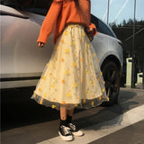 Amfeov Back To School Summer skirt Embroidered Printed Korean floral Gauze skirt Midi long y2k Skirts Womens Maxi skirt High waist  long Tulle skirt