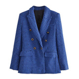 Amfeov Blue Office Ladies Blazer Coat Woolen Tweed Double Breasted Slim Jacket With Pocket Fashion Outwear Veste Femme  Tops 2022