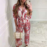 Christmas Gift PUWD Vintage Woman Red Print Sashes Jumpsuits 2021 Spring Casual Female High Waisted Jumpsuit Ladies Floral Beach Rompers