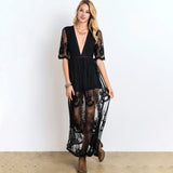 Amfeov Jastie Bohemian Lace Maxi Jumpsuit Women Romper Chic Floral Embroidered Jumpsuit Women Summer Playsuits V-Neck  Jumpsuits