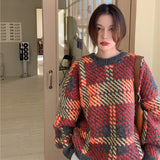 Christmas Gift Women's Knitted Woven Sweaters Plaid Round Collar Long Sleeve Loose Warm Pullovers Christmas Color Print Outwears 2021