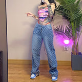 Amfeov Weekeep Fashion Plaid Hollow Out Streetwear Jeans Women Club High Waist Button Fly Straight Pants Korean Baggy Denim Holes Pants