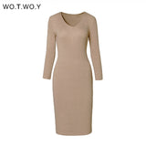 WOTWOY V-Neck Wrapped Knitted Dress Women Autumn Solid Sheath Sweater Dresses Women Knee-Length Bodycon Long Sweater Female New