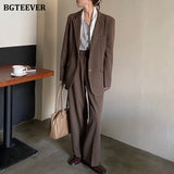 Amfeov Casual Women 2 Pieces Blazer Set Notched Collar Loose Blazer & Floor-Length Suit Pants Autumn Stylish Female Pant Suits