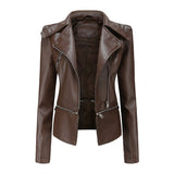 2021 Women Autumn zipper Soft Leather Jacket Coat Turn-down Collar Casual Pu Motorcycle Black Punk Outerwear