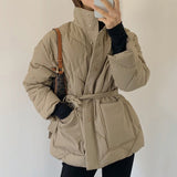 Autumn Winter Argyle Pattern Women Stand Collar Oversized Down Jacket 2021 Fashion Single-breasted Solid Parka Lace-up Chic Coat
