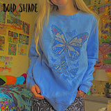 Amfeov Indie Aesthetic Butterfly Print Sweatshirt Y2K Oversized O-Neck Casual Fairycore Hoodies Long Sleeve Fall Tops Women