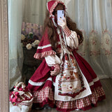 Christmas Lolita Dress Kawaii Women New Year 2021 Sweet Lace Ruffle Patchwork Puff Long Sleeve Dress Red Princess Plaid